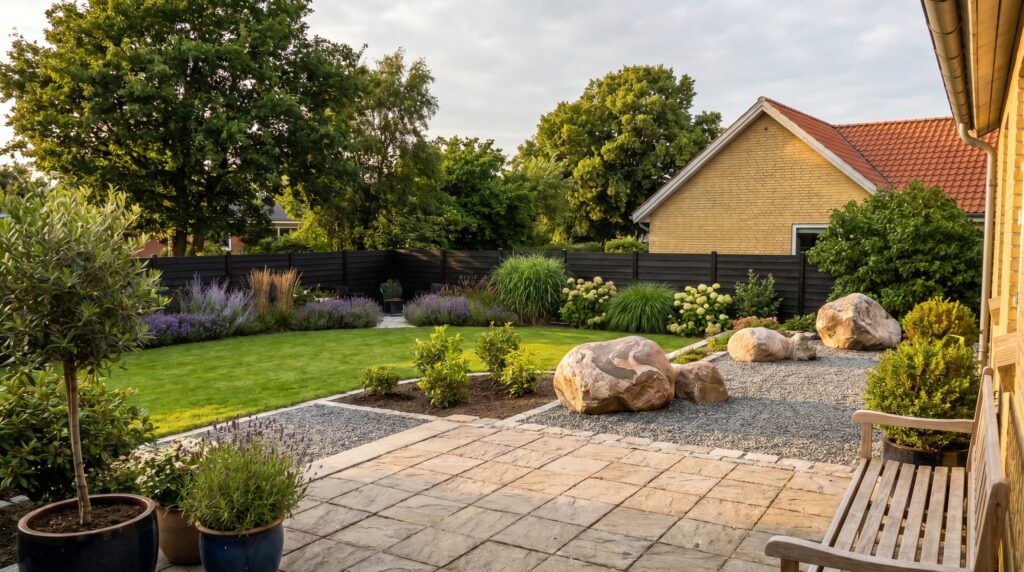 anlægsgartner, havedesign, resultat, have, sten, grus, planter, udendørs, færdig, terrasse, niveauer, stauder, blomsterbed, træhegn, græsplæne, boulders, solnedgang, professionelt anlæg, totalrenovering have, inspiration, belægning, stenbelægning, fliseterrasse, haveanlæg