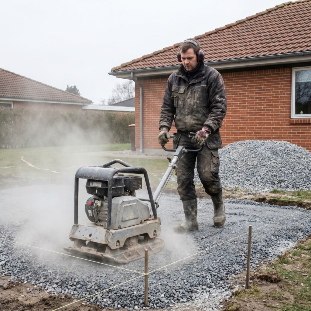 anlægsgartner, komprimering, forberedelse, grus, maskine, udendørs, have, underlag, pladevibrator, nivellering, stabilgrus, snor, afmærkning, terrasseforberedelse, fundament, hårdt arbejde, støv, vibrering, grundarbejde, bærelag, belægning, fliser, terrasse, indkørsel, stenbelægning, pris, tilbud