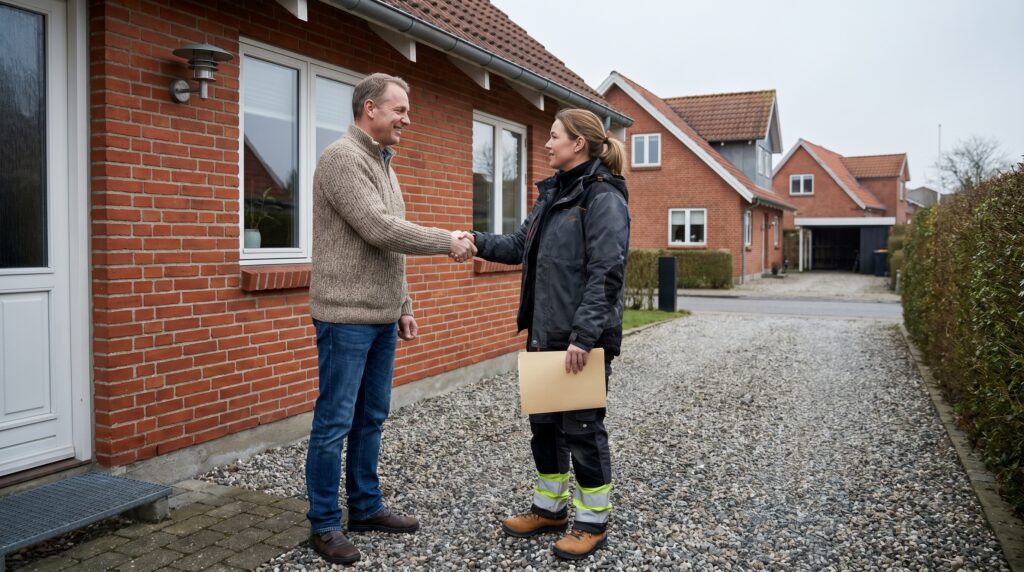 håndtryk, aftale, boligejer, håndværker, tillid, parcelhus, tilbud, professionalisme, dansk, samarbejde, kontrakt, kunde, renovering, byggeprojekt, enighed, service