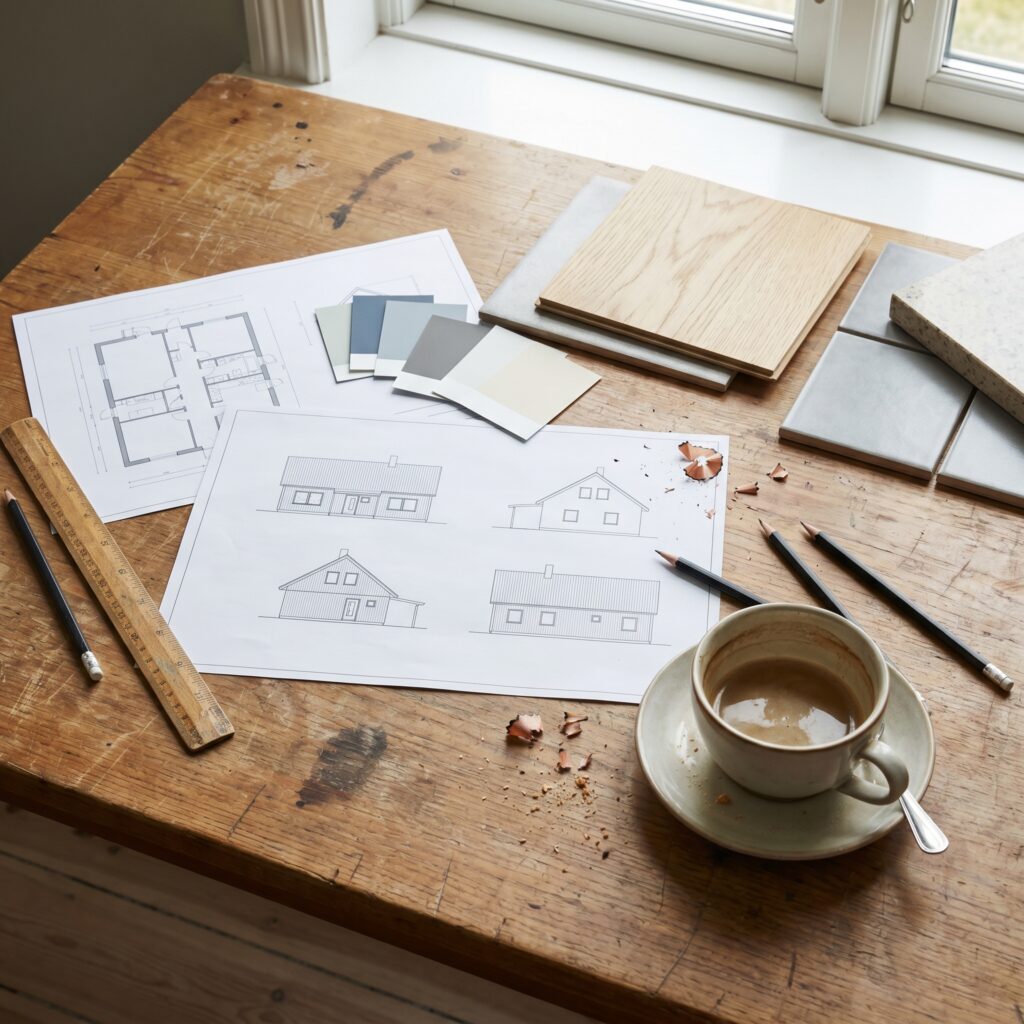 flatlay, planlægning, arkitekttegninger, farvekort, materialeprøver, lineal, blyanter, kaffe, træbord, ovenfra, forberedelse, design, inspiration, byggeprojekt, organisering, kreativ proces