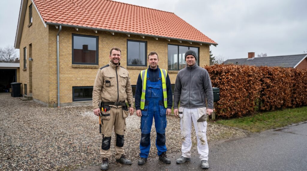 håndværkere, team, fagfolk, samarbejde, dansk, færdigrenoveret, hus, smil, arbejdstøj, værktøjsbælte, professionelle, tømrer, murer, maler, resultat, stolthed