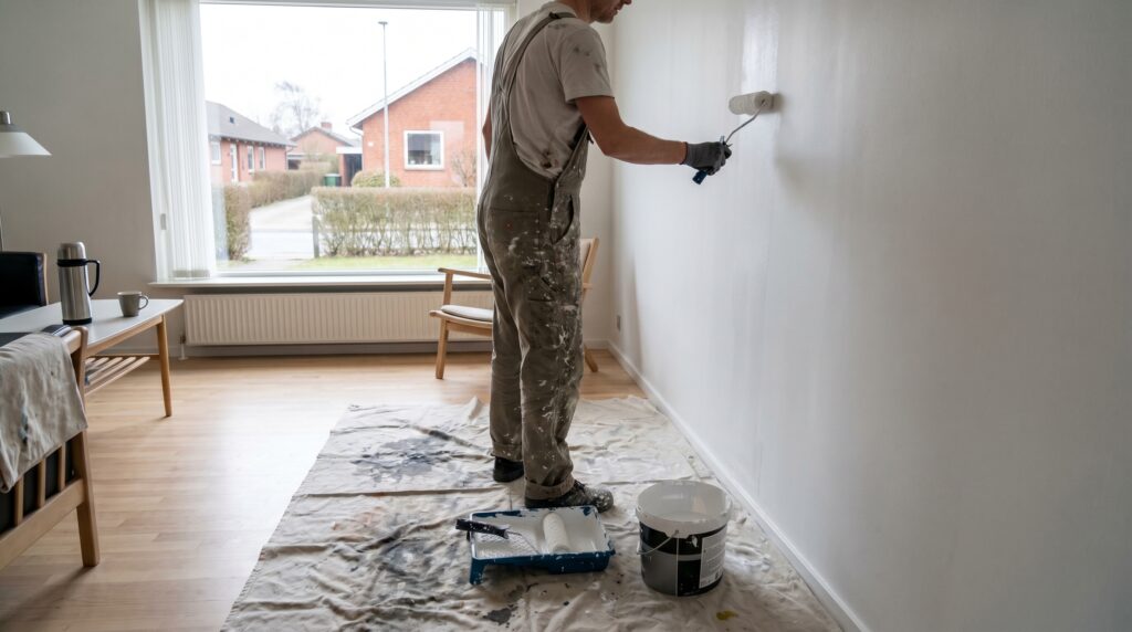 maler, malerarbejde, indvendig maling, rulle, stue, indendørs, hvid, væg, professionel