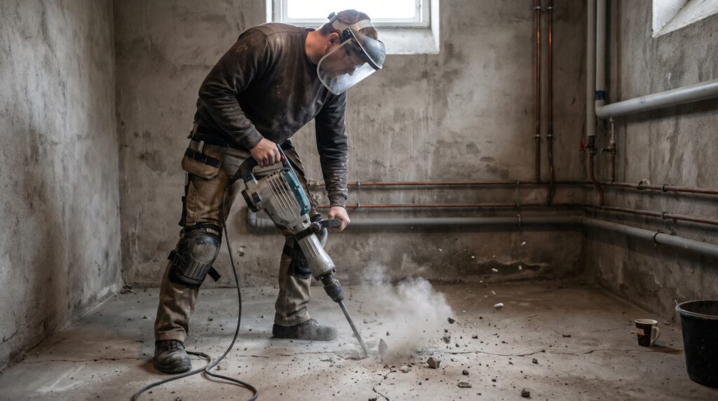nedrivning, betongulv, mejselhammer, kælder, opbrydning, beton, støv, knæbeskyttere, visir, dansk hus, gulvrenovering, tungt arbejde, maskine, demolering, rør, råt rum, konstruktion, byggeplads, indvendig