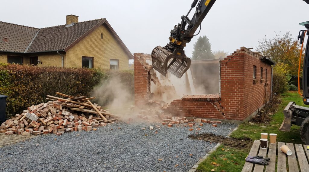 nedrivning, gravemaskine, garage, mursten, dansk villa, demolering, byggeaffald, støv, klo, have, grusvej, sortering, fjernelse, maskine, hus, byggeplads, container, nedbrydning, bortskaffelse, parcelhus