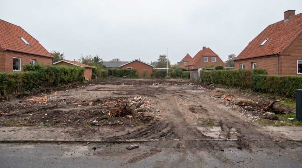 nedrivning, byggegrund, ryddet, villakvarter, nyt byggeri, plan grund, jord, grus, naboer, røde tage, hække, overskyet, dansk, klargjort, tomt, byggeklar, resultat, hus, parcelhus, komplet nedrivning