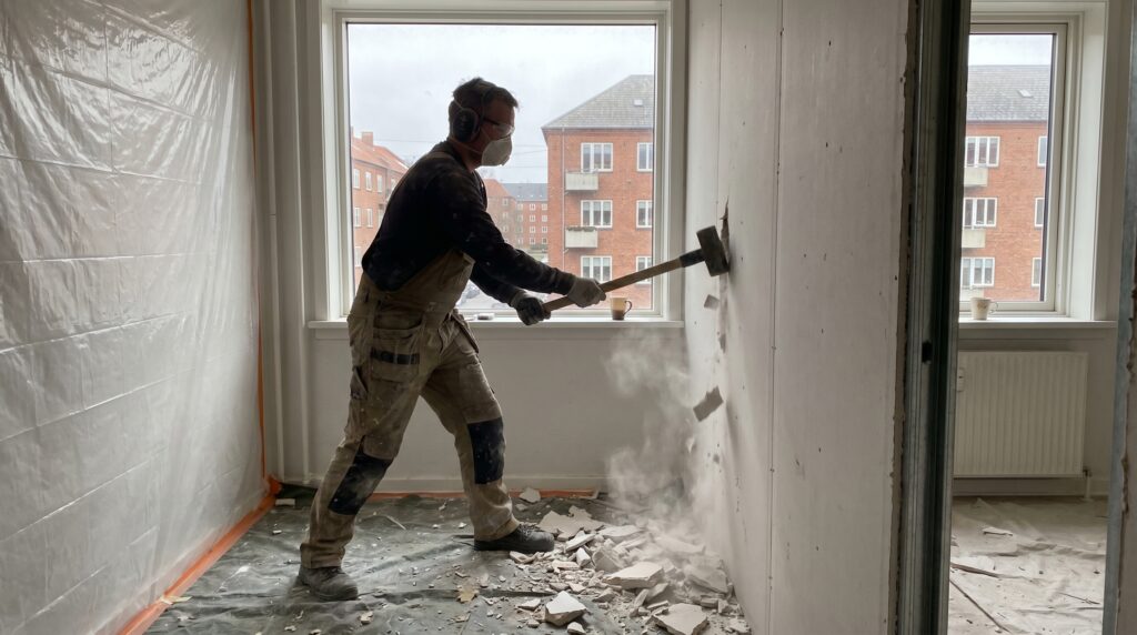 nedrivning, indvendig, skillevæg, forhammer, lejlighed, renovering, støvmaske, høreværn, murbrokker, afdækning, plastikfolie, dansk bolig, ombygning, håndværk, demolering, støv, sikkerhed, planlægning, byggeplads, hus