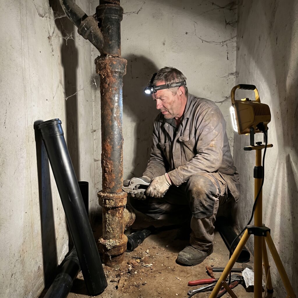 vvs, faldstamme, kælder, rør, udskiftning, etageejendom, renovering, professionel, støbejern, plast, afløb, korrosion, rust, kloakrør, rørskærer, arbejdslys, snæver plads, gammel installation, modernisering, kælderarbejde