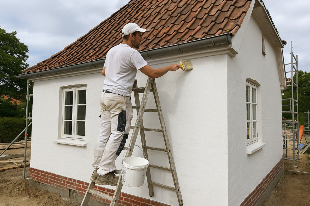 maler, facade, udvendig maling, stige, villa, udendørs, hvid, professionel, sommer