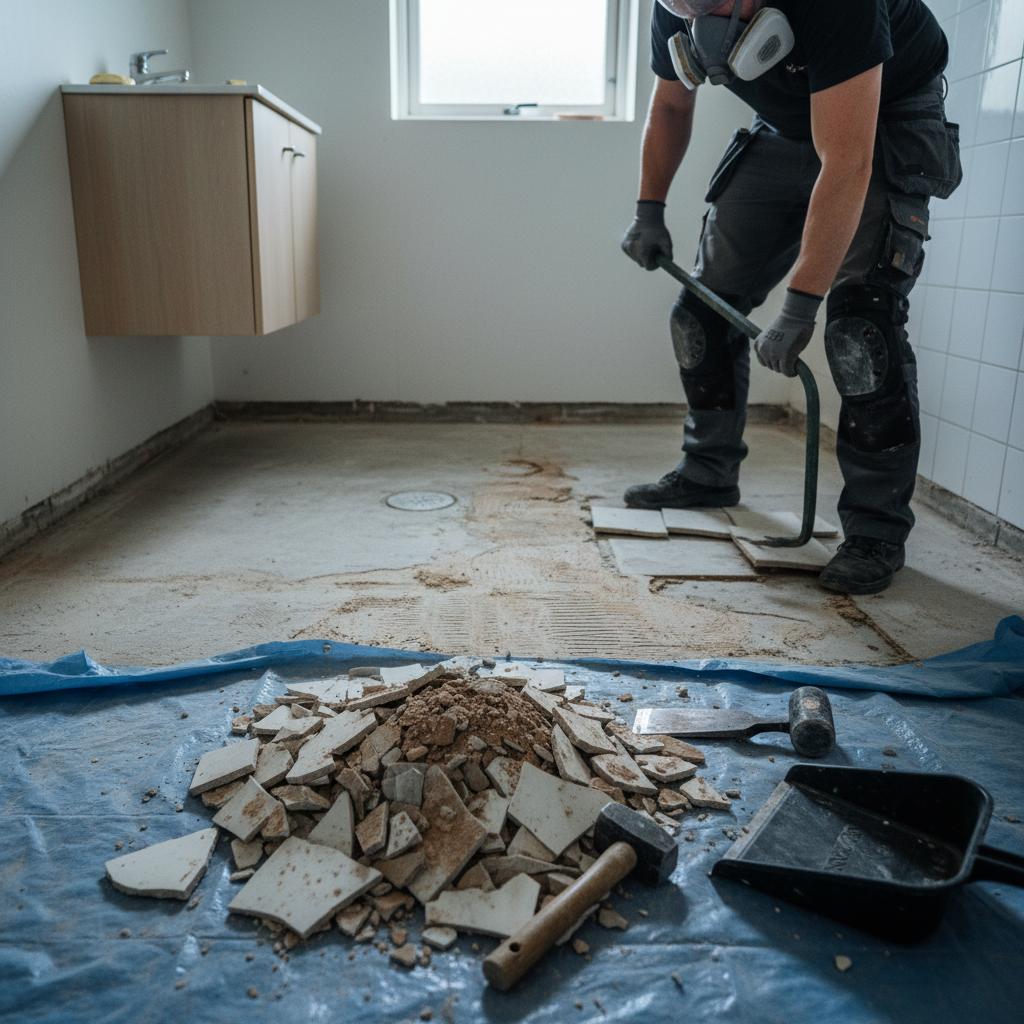 flisemurer, flisefjernelse, nedrivning, badeværelse, vådrum, indendørs, renovering, asbest, værnemidler, støv, hammer og mejsel, gulvafløb, klinker, fliseklæb, betonunderlag, byggeaffald, bortskaffelse, container, regler, pris, tilbud, hus, bolig, håndværker