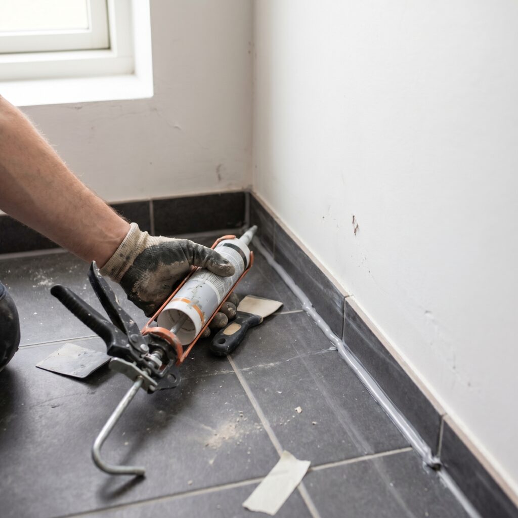 overlap-bad, bathroom_wetroom, detail, indoor, badeværelse,vådrum,fliser,fugning,silikone,tætning,skimmel,ventilation,renovering, Nærbillede af elastisk silikonefuge ved gulv/væg-overgang i et vådrum med grå fliser., i et typisk dansk parcelhusbadeværelse., dansk bolig, håndværk, renovering, vedligeholdelse, pris, tilbud, bathroom_wetroom, detail, indoor, badeværelse,vådrum,fliser,fugning,silikone,tætning,skimmel,ventilation,renovering