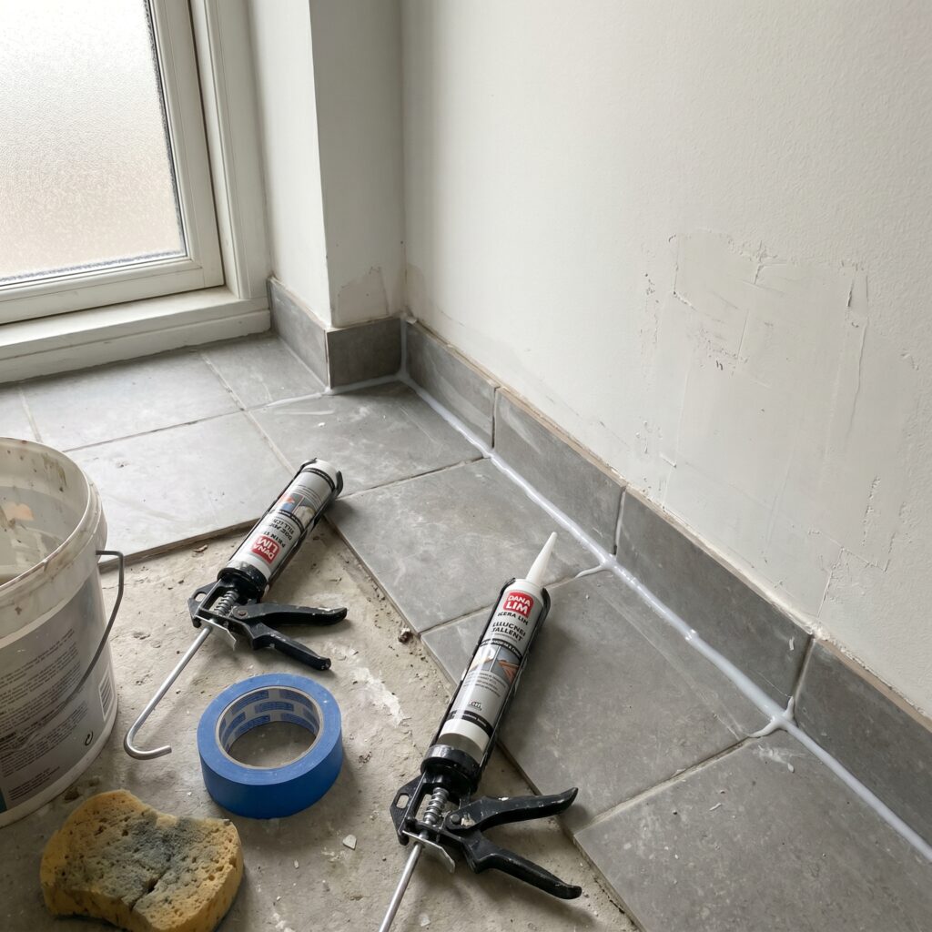 overlap-bad, bathroom_wetroom, detail, indoor, badeværelse,vådrum,fliser,fugning,silikone,tætning,skimmel,ventilation,renovering, Nærbillede af elastisk silikonefuge ved gulv/væg-overgang i et vådrum med grå fliser., i en ældre dansk lejlighed under renovering., dansk bolig, håndværk, renovering, vedligeholdelse, pris, tilbud, bathroom_wetroom, detail, indoor, badeværelse,vådrum,fliser,fugning,silikone,tætning,skimmel,ventilation,renovering