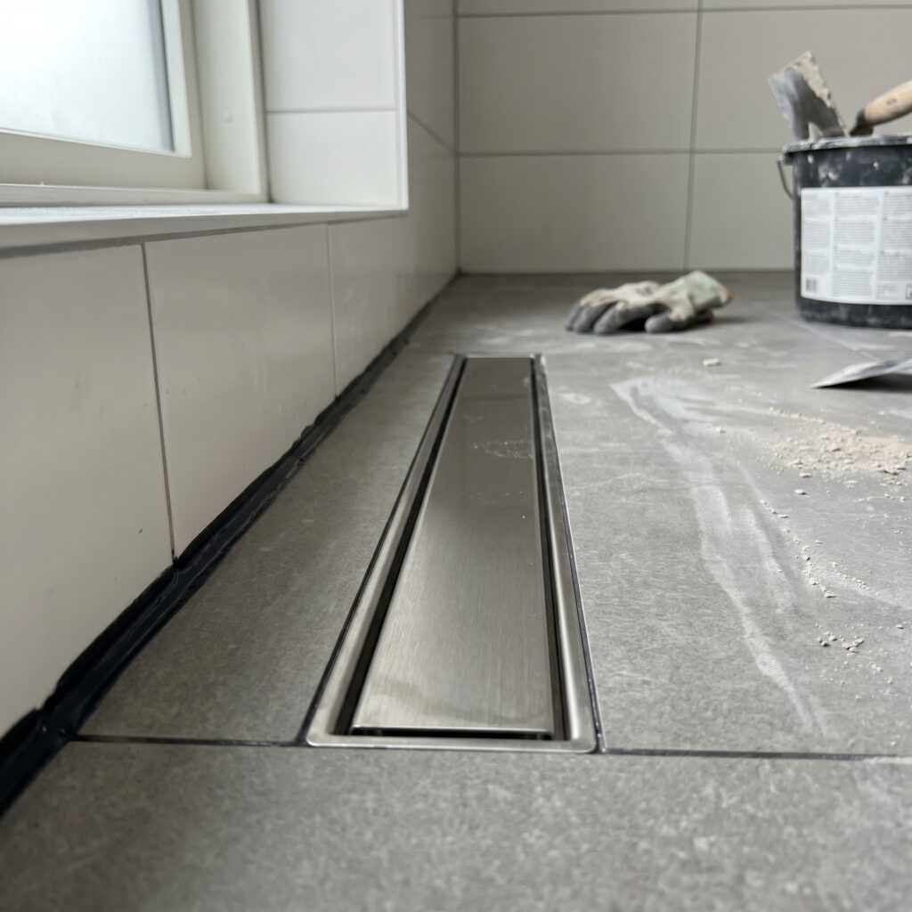 overlap-bad, bathroom_wetroom, detail, indoor, badeværelse,vådrum,fliser,fugning,silikone,tætning,skimmel,ventilation,renovering, Detalje af lineært afløb, flisekant og vådrumssikret fuge i moderne badeværelse., i et typisk dansk parcelhusbadeværelse., dansk bolig, håndværk, renovering, vedligeholdelse, pris, tilbud, bathroom_wetroom, detail, indoor, badeværelse,vådrum,fliser,fugning,silikone,tætning,skimmel,ventilation,renovering