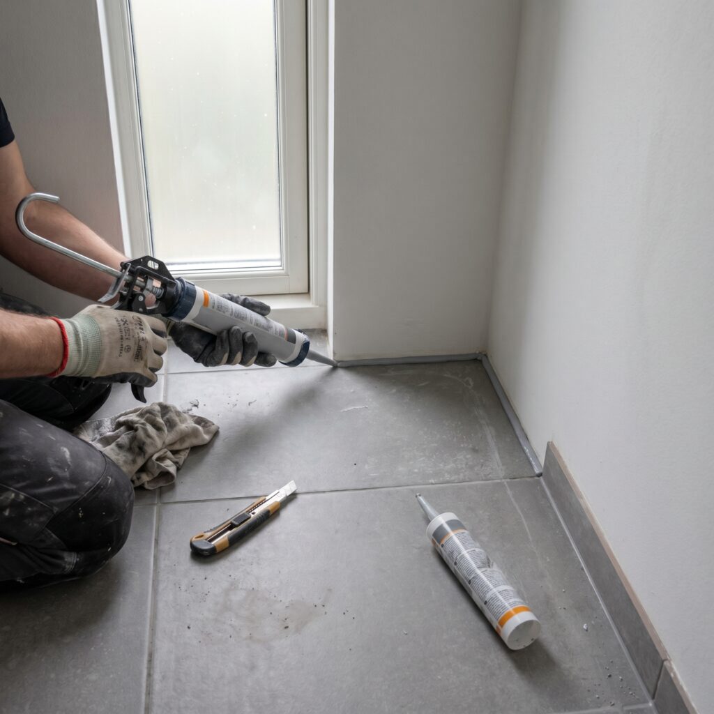 overlap-bad, bathroom_wetroom, detail, indoor, badeværelse,vådrum,fliser,fugning,silikone,tætning,skimmel,ventilation,renovering, Nærbillede af elastisk silikonefuge ved gulv/væg-overgang i et vådrum med grå fliser., i et lille gæstebadeværelse med hvide vægge., dansk bolig, håndværk, renovering, vedligeholdelse, pris, tilbud, bathroom_wetroom, detail, indoor, badeværelse,vådrum,fliser,fugning,silikone,tætning,skimmel,ventilation,renovering