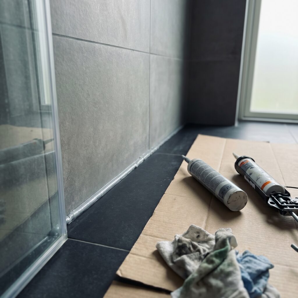 overlap-bad, bathroom_wetroom, detail, indoor, badeværelse,vådrum,fliser,fugning,silikone,tætning,skimmel,ventilation,renovering, Nærbillede af elastisk silikonefuge ved gulv/væg-overgang i et vådrum med grå fliser., i en bruseniche med glasvæg og naturligt dagslys., dansk bolig, håndværk, renovering, vedligeholdelse, pris, tilbud, bathroom_wetroom, detail, indoor, badeværelse,vådrum,fliser,fugning,silikone,tætning,skimmel,ventilation,renovering