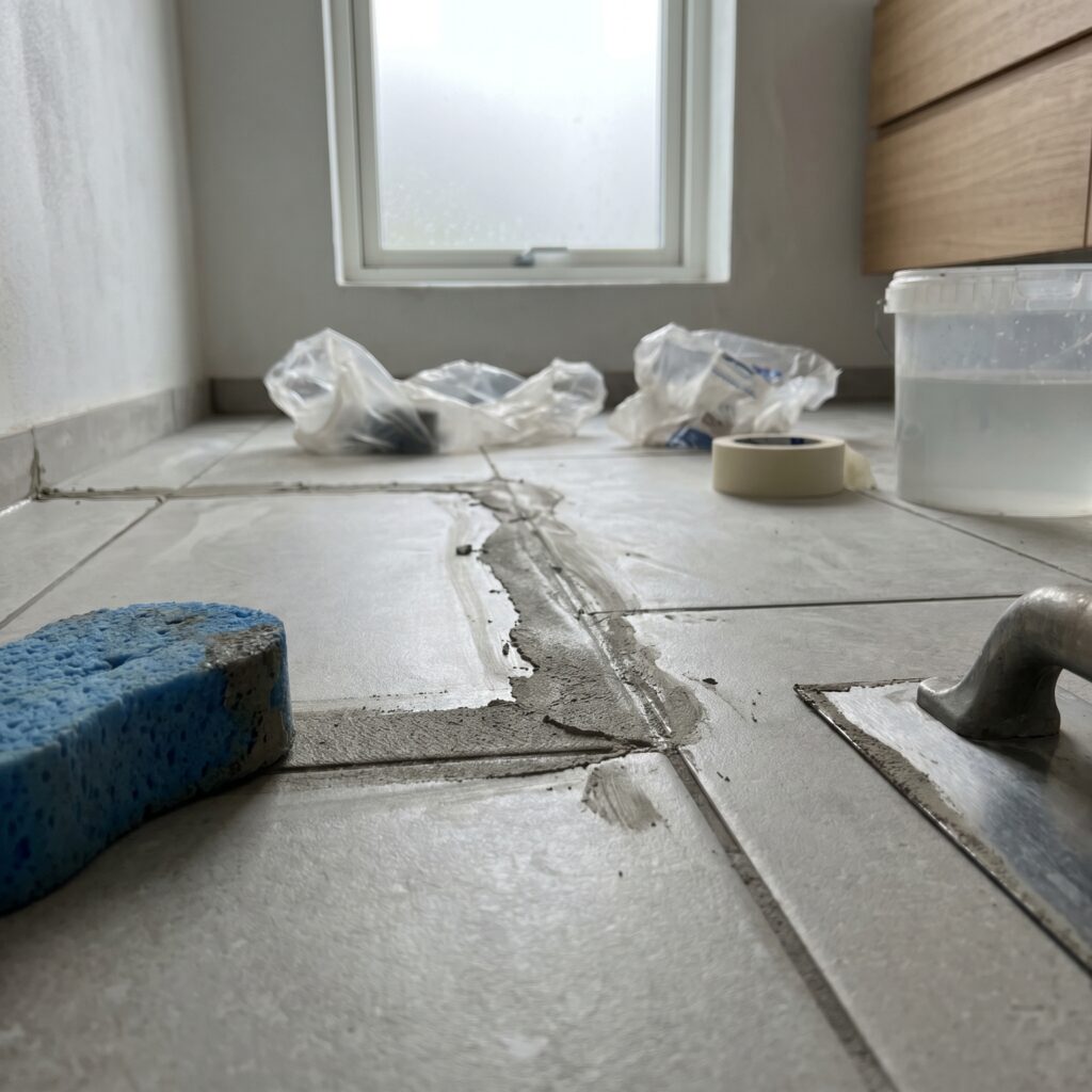 overlap-bad, bathroom_wetroom, detail, indoor, badeværelse,vådrum,fliser,fugning,silikone,tætning,skimmel,ventilation,renovering, Nærbillede af mørtelfuger mellem keramiske badeværelsesfliser med svamp og fugebræt i kanten., i et typisk dansk parcelhusbadeværelse., dansk bolig, håndværk, renovering, vedligeholdelse, pris, tilbud, bathroom_wetroom, detail, indoor, badeværelse,vådrum,fliser,fugning,silikone,tætning,skimmel,ventilation,renovering