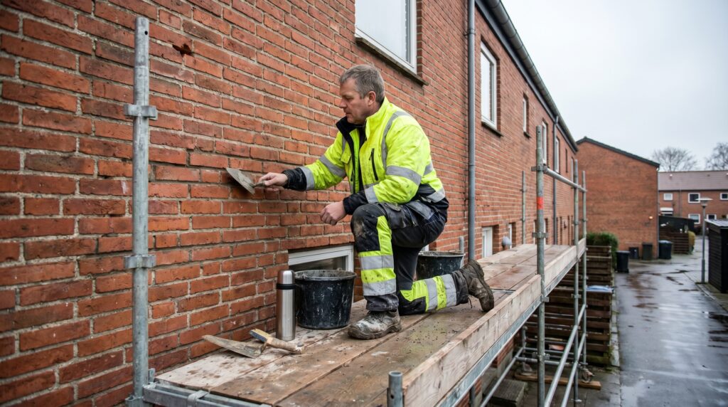 overlap-facade, facade_masonry, work, outdoor, facade,murværk,omfugning,pudsning,sandblæsning,sokkel,mursten,renovering, Murer arbejder på stillads ved rød murstensfacade og reparerer fuger i moderat højde., på en rækkehusfacade i et dansk boligområde., dansk bolig, håndværk, renovering, vedligeholdelse, pris, tilbud, facade_masonry, work, outdoor, facade,murværk,omfugning,pudsning,sandblæsning,sokkel,mursten,renovering