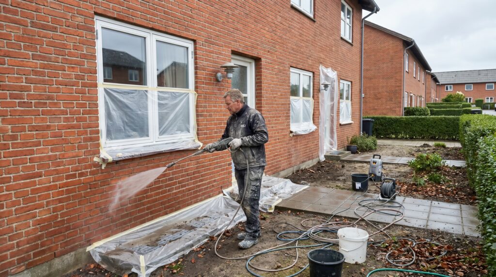 overlap-facade, facade_masonry, work, outdoor, facade,murværk,omfugning,pudsning,sandblæsning,sokkel,mursten,renovering, Håndværker renser en ældre facade med afdækning omkring vinduer og havefliser., på en rækkehusfacade i et dansk boligområde., dansk bolig, håndværk, renovering, vedligeholdelse, pris, tilbud, facade_masonry, work, outdoor, facade,murværk,omfugning,pudsning,sandblæsning,sokkel,mursten,renovering