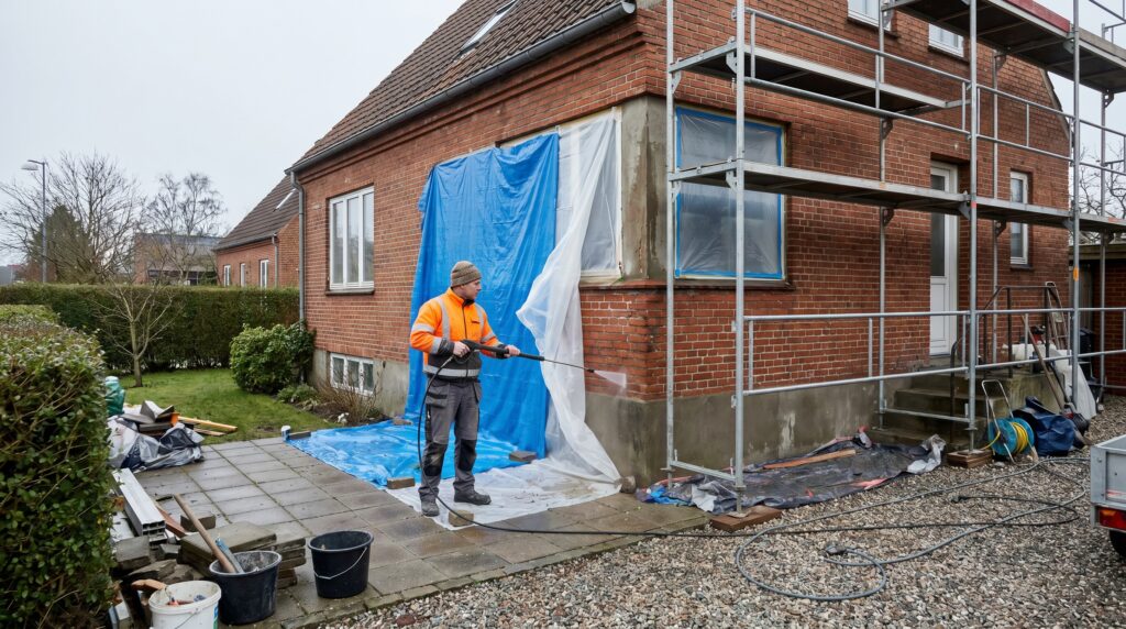 Facaderenovering på dansk parcelhus med stillads