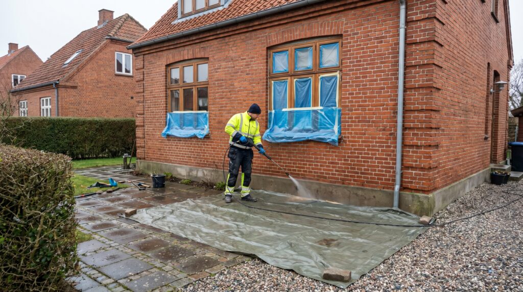 overlap-facade, facade_masonry, work, outdoor, facade,murværk,omfugning,pudsning,sandblæsning,sokkel,mursten,renovering, Håndværker renser en ældre facade med afdækning omkring vinduer og havefliser., ved en facade tæt på indkørsel og forhave., dansk bolig, håndværk, renovering, vedligeholdelse, pris, tilbud, facade_masonry, work, outdoor, facade,murværk,omfugning,pudsning,sandblæsning,sokkel,mursten,renovering