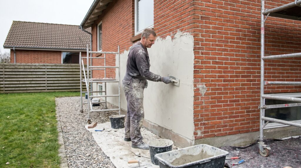 overlap-facade, facade_masonry, work, outdoor, facade,murværk,omfugning,pudsning,sandblæsning,sokkel,mursten,renovering, Murer pudser en facade på et dansk hus hvor noget murværk stadig er synligt., på et rødt murstensparcelhus fra 1970erne., dansk bolig, håndværk, renovering, vedligeholdelse, pris, tilbud, facade_masonry, work, outdoor, facade,murværk,omfugning,pudsning,sandblæsning,sokkel,mursten,renovering
