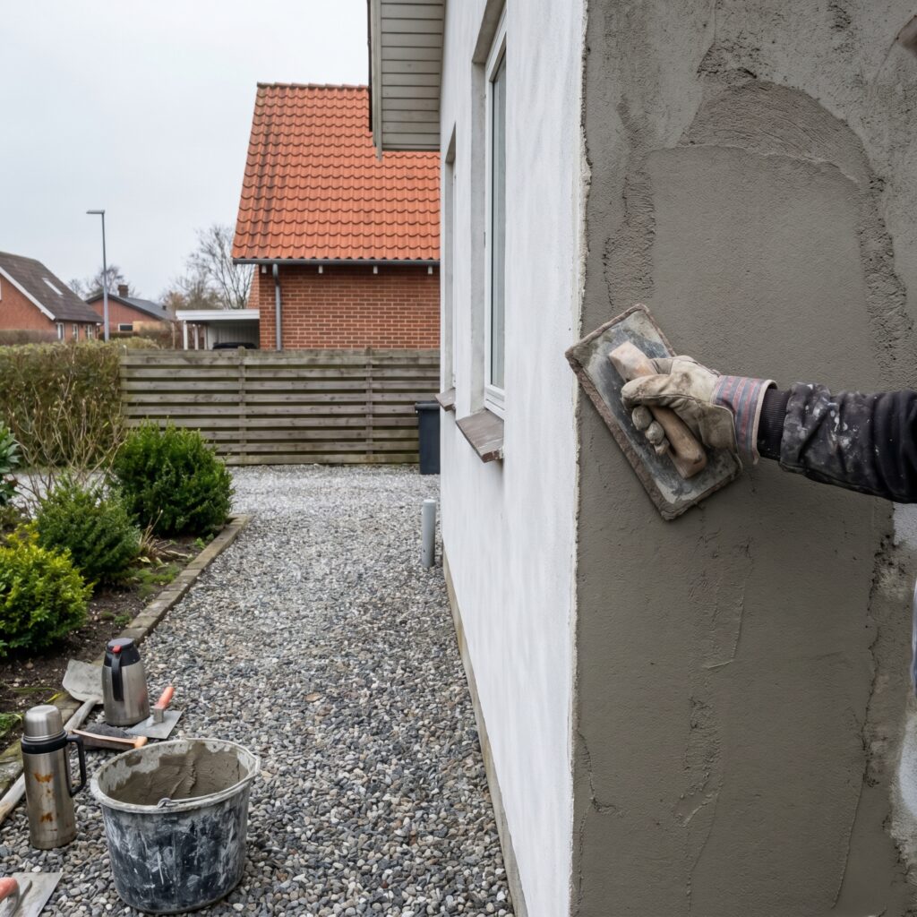 overlap-facade, facade_masonry, detail, outdoor, facade,murværk,omfugning,pudsning,sandblæsning,sokkel,mursten,renovering, Detalje af pudset facade hvor en håndværker glatter cementpuds med filtsebræt., ved en facade tæt på indkørsel og forhave., dansk bolig, håndværk, renovering, vedligeholdelse, pris, tilbud, facade_masonry, detail, outdoor, facade,murværk,omfugning,pudsning,sandblæsning,sokkel,mursten,renovering