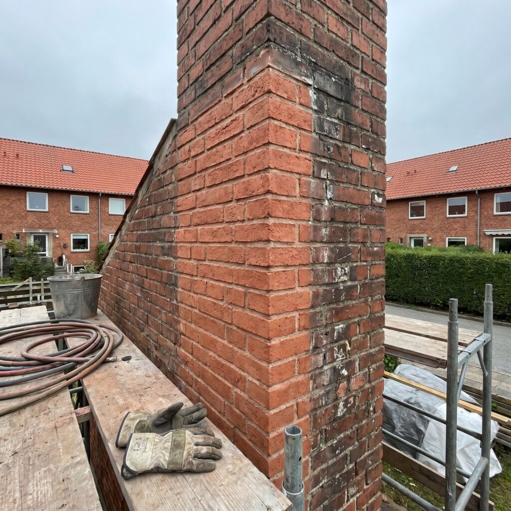 overlap-facade, facade_masonry, detail, outdoor, facade,murværk,omfugning,pudsning,sandblæsning,sokkel,mursten,renovering, Detalje af sandblæst murstensoverflade med tydelig forskel mellem renset og urenset område., på en rækkehusfacade i et dansk boligområde., dansk bolig, håndværk, renovering, vedligeholdelse, pris, tilbud, facade_masonry, detail, outdoor, facade,murværk,omfugning,pudsning,sandblæsning,sokkel,mursten,renovering