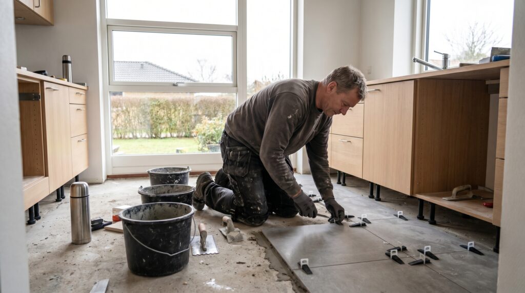 overlap-gulv, floor_surface, work, indoor, gulv,fliser,klinker,trægulv,vinyl,epoxy,belægning,overflade,vedligehold, Håndværker lægger store gulvfliser med nivelleringsclips i dansk bolig., i et dansk køkken-alrum., dansk bolig, håndværk, renovering, vedligeholdelse, pris, tilbud, floor_surface, work, indoor, gulv,fliser,klinker,trægulv,vinyl,epoxy,belægning,overflade,vedligehold
