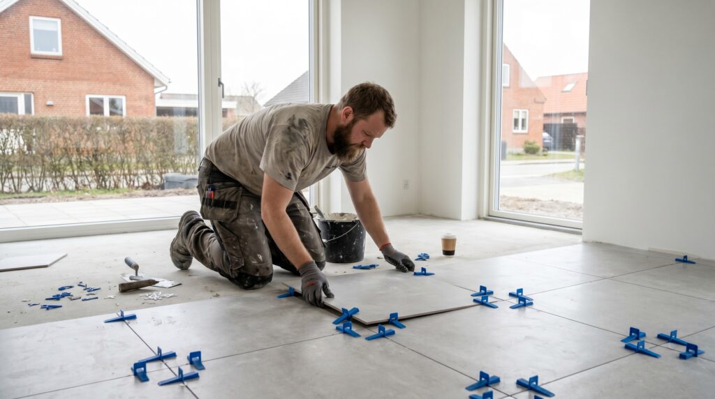 overlap-gulv, floor_surface, work, indoor, gulv,fliser,klinker,trægulv,vinyl,epoxy,belægning,overflade,vedligehold, Håndværker lægger store gulvfliser med nivelleringsclips i dansk bolig., i en lys stue uden møbler., dansk bolig, håndværk, renovering, vedligeholdelse, pris, tilbud, floor_surface, work, indoor, gulv,fliser,klinker,trægulv,vinyl,epoxy,belægning,overflade,vedligehold