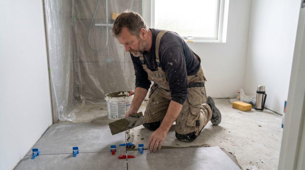 overlap-gulv, floor_surface, work, indoor, gulv,fliser,klinker,trægulv,vinyl,epoxy,belægning,overflade,vedligehold, Håndværker lægger store gulvfliser med nivelleringsclips i dansk bolig., i et badeværelsesnært vådområde., dansk bolig, håndværk, renovering, vedligeholdelse, pris, tilbud, floor_surface, work, indoor, gulv,fliser,klinker,trægulv,vinyl,epoxy,belægning,overflade,vedligehold