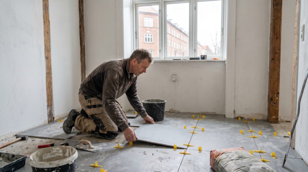 overlap-gulv, floor_surface, work, indoor, gulv,fliser,klinker,trægulv,vinyl,epoxy,belægning,overflade,vedligehold, Håndværker lægger store gulvfliser med nivelleringsclips i dansk bolig., i en ældre lejlighed under modernisering., dansk bolig, håndværk, renovering, vedligeholdelse, pris, tilbud, floor_surface, work, indoor, gulv,fliser,klinker,trægulv,vinyl,epoxy,belægning,overflade,vedligehold