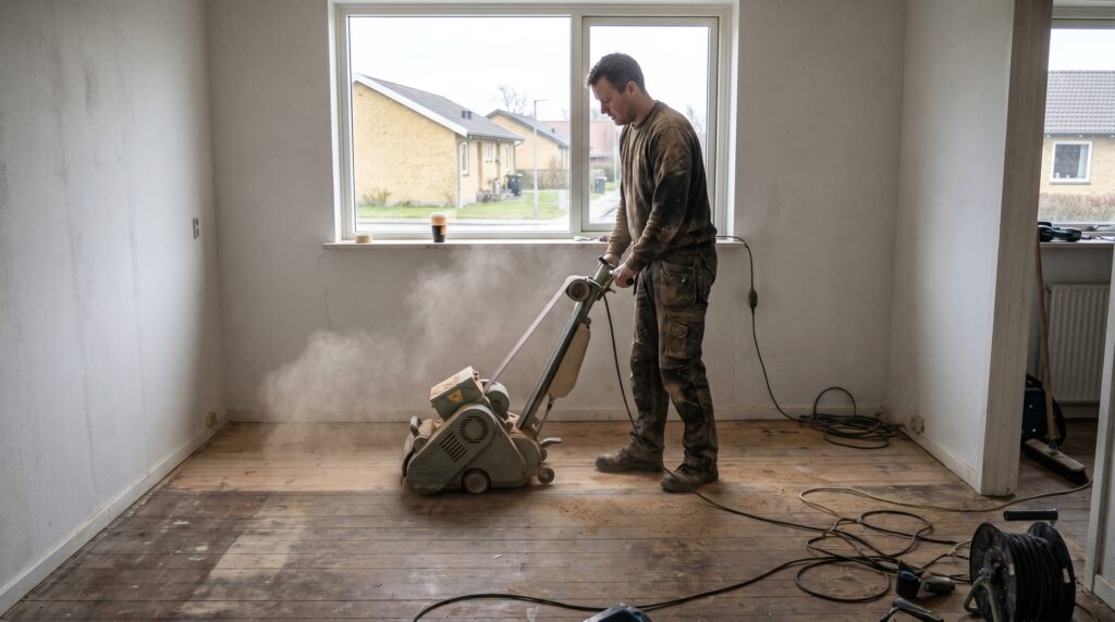 overlap-gulv, floor_surface, work, indoor, gulv,fliser,klinker,trægulv,vinyl,epoxy,belægning,overflade,vedligehold, Gulvmand sliber ældre trægulv med maskine i tom stue., i et dansk køkken-alrum., dansk bolig, håndværk, renovering, vedligeholdelse, pris, tilbud, floor_surface, work, indoor, gulv,fliser,klinker,trægulv,vinyl,epoxy,belægning,overflade,vedligehold