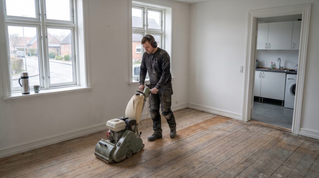 overlap-gulv, floor_surface, work, indoor, gulv,fliser,klinker,trægulv,vinyl,epoxy,belægning,overflade,vedligehold, Gulvmand sliber ældre trægulv med maskine i tom stue., i en entré eller bryggers med praktisk indretning., dansk bolig, håndværk, renovering, vedligeholdelse, pris, tilbud, floor_surface, work, indoor, gulv,fliser,klinker,trægulv,vinyl,epoxy,belægning,overflade,vedligehold