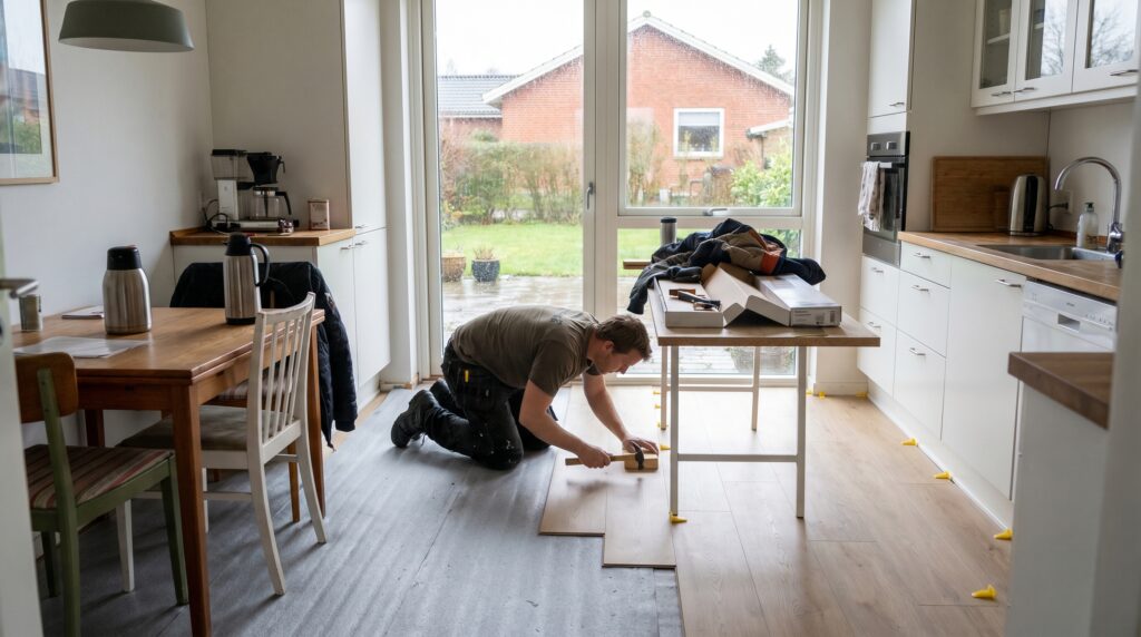 overlap-gulv, floor_surface, work, indoor, gulv,fliser,klinker,trægulv,vinyl,epoxy,belægning,overflade,vedligehold, Montør lægger vinyl- eller plankegulv med afstandskiler og underlag., i et dansk køkken-alrum., dansk bolig, håndværk, renovering, vedligeholdelse, pris, tilbud, floor_surface, work, indoor, gulv,fliser,klinker,trægulv,vinyl,epoxy,belægning,overflade,vedligehold