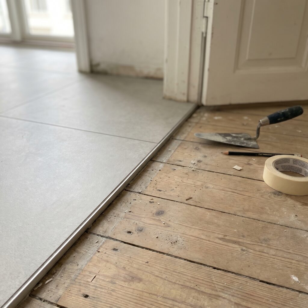 overlap-gulv, floor_surface, detail, indoor, gulv,fliser,klinker,trægulv,vinyl,epoxy,belægning,overflade,vedligehold, Nærbillede af overgang mellem klinkegulv og trægulv med pæn afslutning., i en ældre lejlighed under modernisering., dansk bolig, håndværk, renovering, vedligeholdelse, pris, tilbud, floor_surface, detail, indoor, gulv,fliser,klinker,trægulv,vinyl,epoxy,belægning,overflade,vedligehold