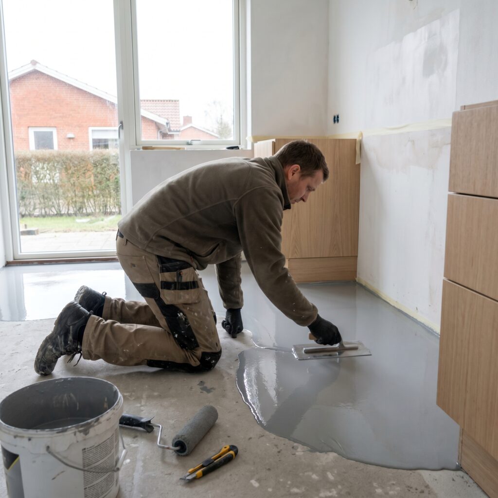 overlap-gulv, floor_surface, detail, indoor, gulv,fliser,klinker,trægulv,vinyl,epoxy,belægning,overflade,vedligehold, Detalje af epoxygulv eller fugefrit gulv under påføring i teknikrum., i et dansk køkken-alrum., dansk bolig, håndværk, renovering, vedligeholdelse, pris, tilbud, floor_surface, detail, indoor, gulv,fliser,klinker,trægulv,vinyl,epoxy,belægning,overflade,vedligehold