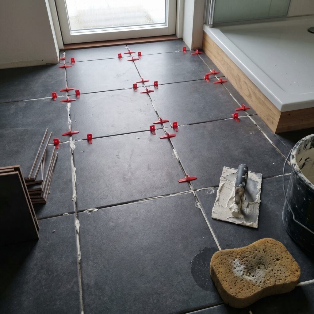 overlap-gulv, floor_surface, detail, indoor, gulv,fliser,klinker,trægulv,vinyl,epoxy,belægning,overflade,vedligehold, Nærbillede af gulvfliser med jævne fuger, afstandskryds og fliseklæber., i et badeværelsesnært vådområde., dansk bolig, håndværk, renovering, vedligeholdelse, pris, tilbud, floor_surface, detail, indoor, gulv,fliser,klinker,trægulv,vinyl,epoxy,belægning,overflade,vedligehold