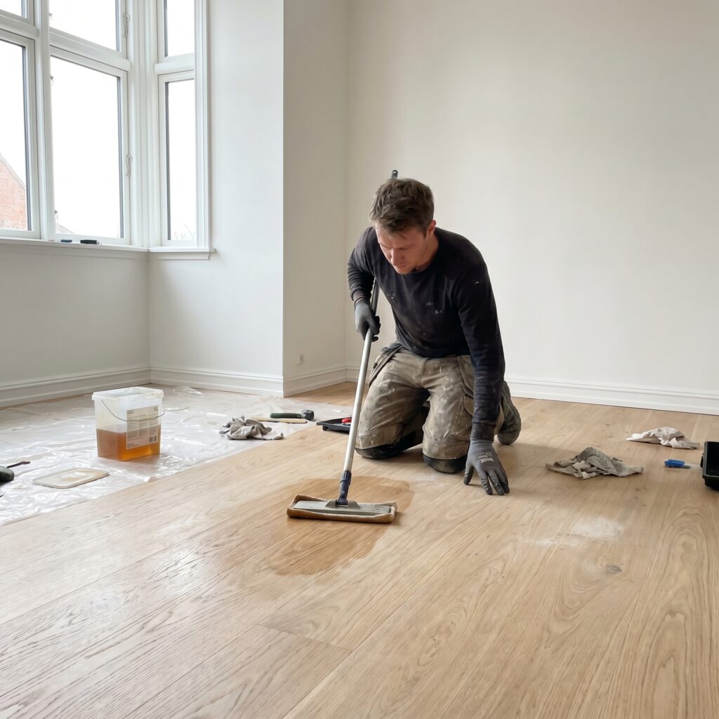 overlap-gulv, floor_surface, detail, indoor, gulv,fliser,klinker,trægulv,vinyl,epoxy,belægning,overflade,vedligehold, Detalje af trægulv hvor olie/lak påføres med pad i naturligt lys., i en lys stue uden møbler., dansk bolig, håndværk, renovering, vedligeholdelse, pris, tilbud, floor_surface, detail, indoor, gulv,fliser,klinker,trægulv,vinyl,epoxy,belægning,overflade,vedligehold