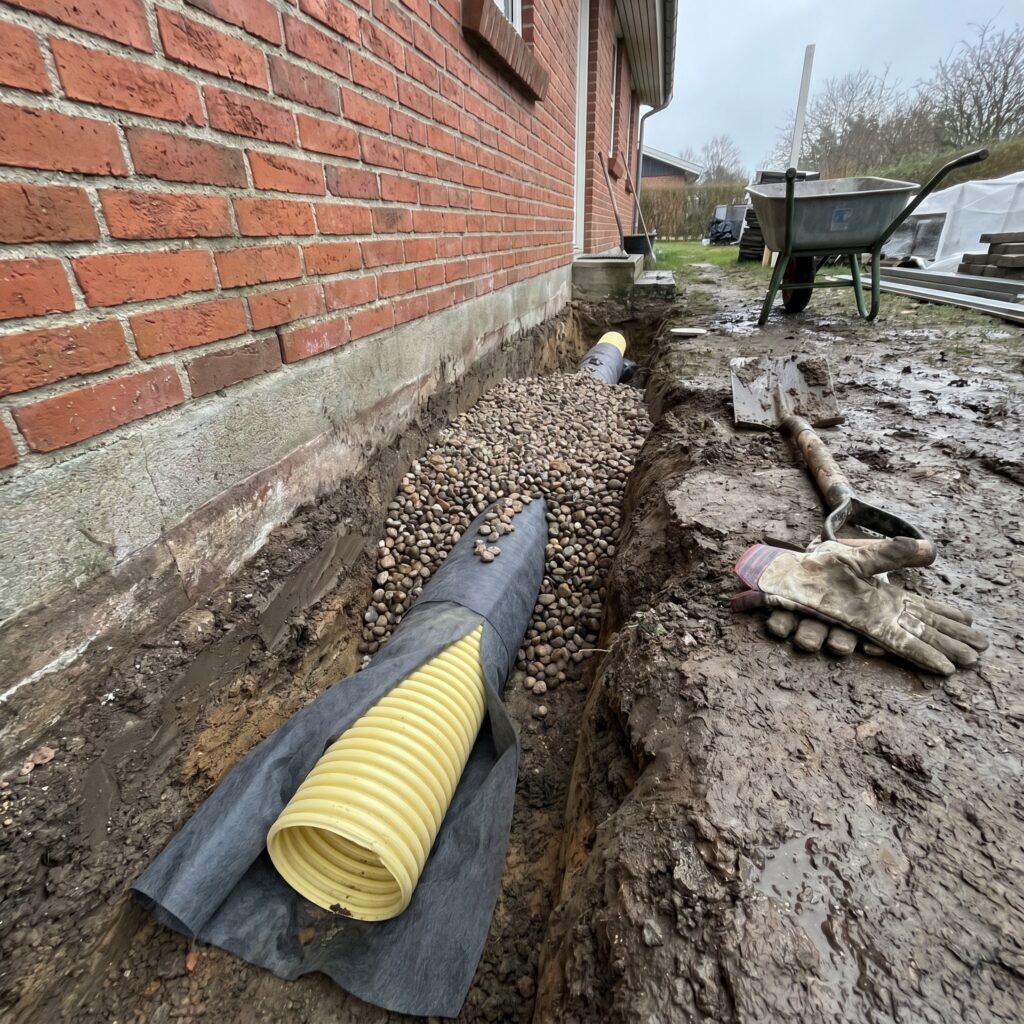 overlap-fundament, foundation_drain, detail, outdoor, fundament,sokkel,dræn,fugt,revner,kælder,omfangsdræn,beton,reparation, Detalje af drænrør med filterdug og singels langs fundament i åben rende., i gråvejr med realistisk våd jord og arbejdsredskaber., dansk bolig, håndværk, renovering, vedligeholdelse, pris, tilbud, foundation_drain, detail, outdoor, fundament,sokkel,dræn,fugt,revner,kælder,omfangsdræn,beton,reparation
