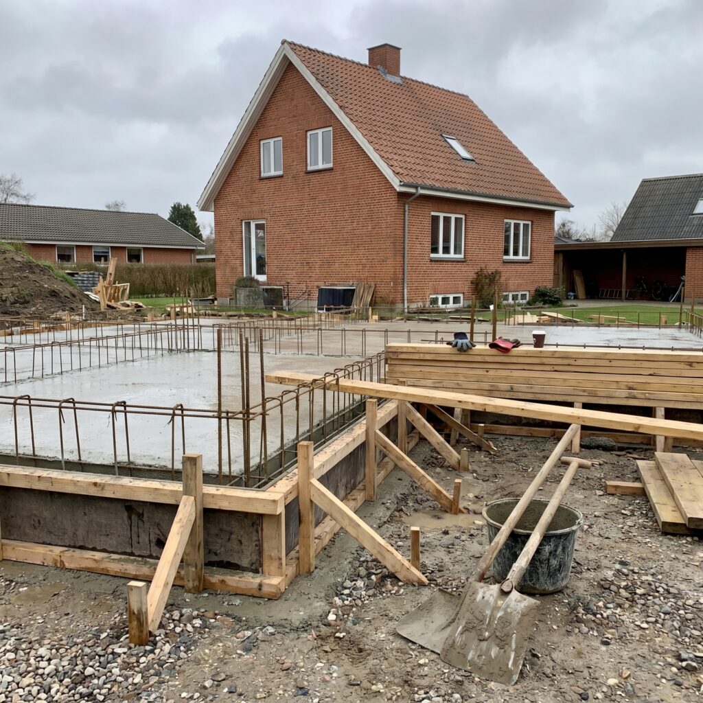 Betonfundament under opbygning med armering og forskalling