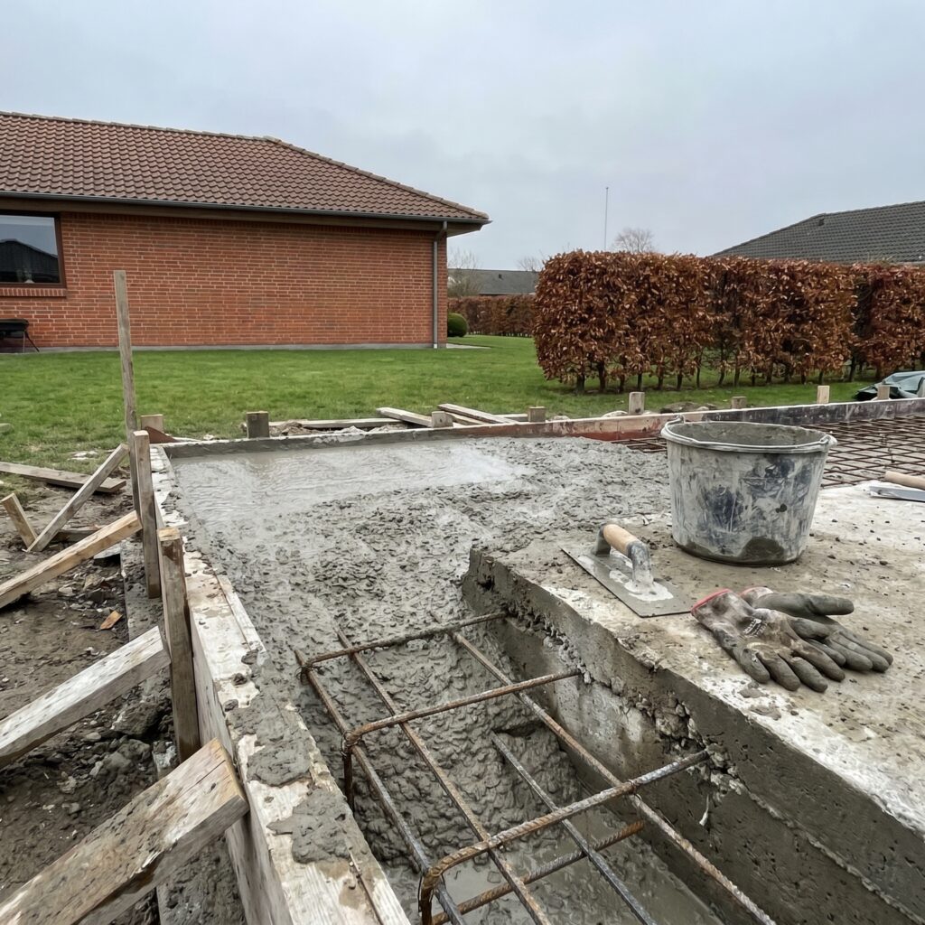 overlap-fundament, foundation_drain, detail, outdoor, fundament,sokkel,dræn,fugt,revner,kælder,omfangsdræn,beton,reparation, Detalje af betonfundament med armering, forskalling og våd betonoverflade., ved et parcelhus med græsplæne og lav hæk., dansk bolig, håndværk, renovering, vedligeholdelse, pris, tilbud, foundation_drain, detail, outdoor, fundament,sokkel,dræn,fugt,revner,kælder,omfangsdræn,beton,reparation