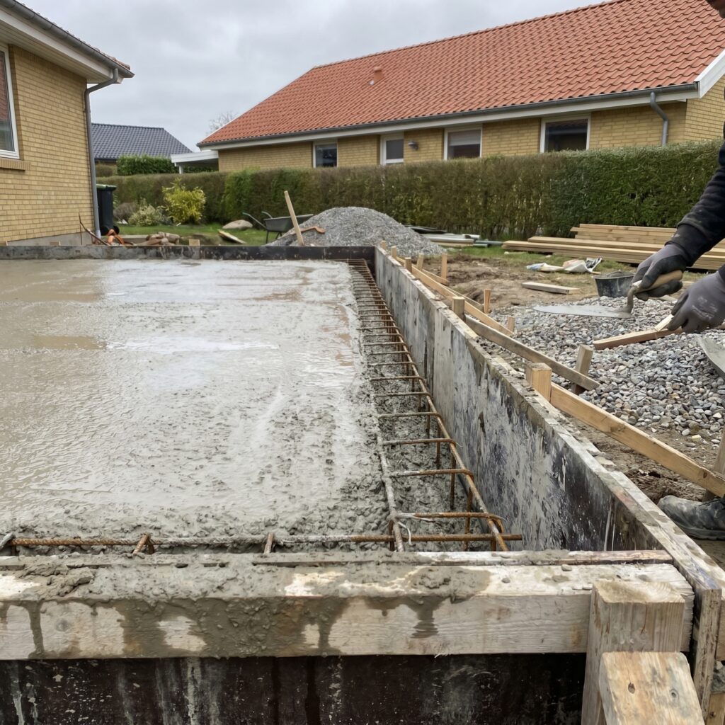 overlap-fundament, foundation_drain, detail, outdoor, fundament,sokkel,dræn,fugt,revner,kælder,omfangsdræn,beton,reparation, Detalje af betonfundament med armering, forskalling og våd betonoverflade., ved en tilbygning under opstart., dansk bolig, håndværk, renovering, vedligeholdelse, pris, tilbud, foundation_drain, detail, outdoor, fundament,sokkel,dræn,fugt,revner,kælder,omfangsdræn,beton,reparation