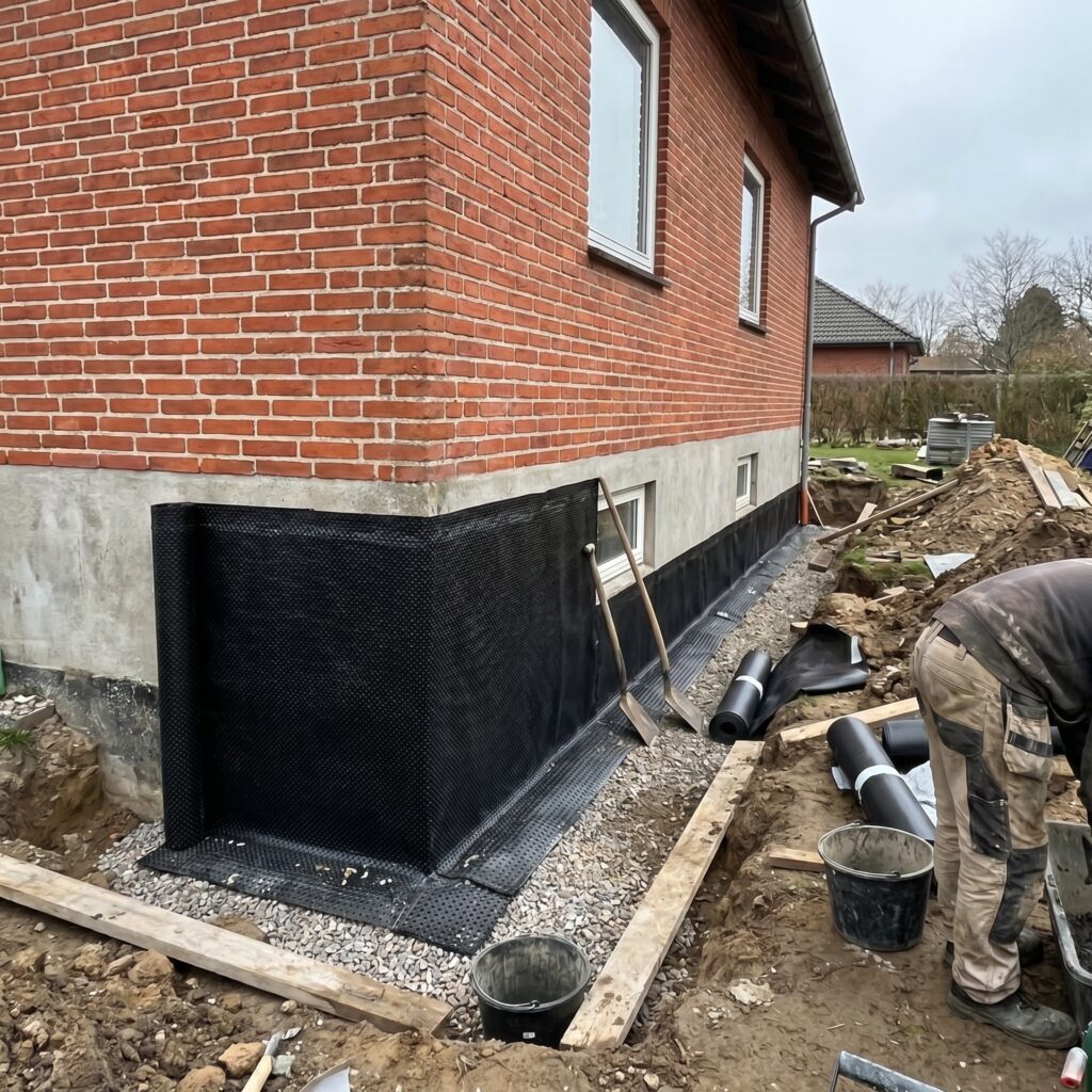 overlap-fundament, foundation_drain, detail, outdoor, fundament,sokkel,dræn,fugt,revner,kælder,omfangsdræn,beton,reparation, Nærbillede af kældervæg udvendigt med fugtsikring og sort membran., ved en klassisk dansk murstensvilla., dansk bolig, håndværk, renovering, vedligeholdelse, pris, tilbud, foundation_drain, detail, outdoor, fundament,sokkel,dræn,fugt,revner,kælder,omfangsdræn,beton,reparation