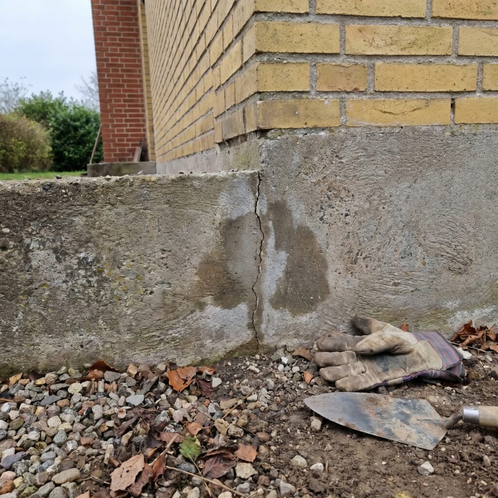 overlap-fundament, foundation_drain, detail, outdoor, fundament,sokkel,dræn,fugt,revner,kælder,omfangsdræn,beton,reparation, Nærbillede af sokkel med lille revne, fugtspor og grus langs et dansk hus., ved en ældre bolig med kælder., dansk bolig, håndværk, renovering, vedligeholdelse, pris, tilbud, foundation_drain, detail, outdoor, fundament,sokkel,dræn,fugt,revner,kælder,omfangsdræn,beton,reparation