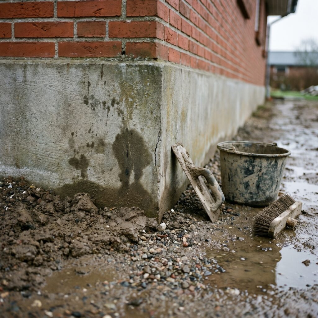 overlap-fundament, foundation_drain, detail, outdoor, fundament,sokkel,dræn,fugt,revner,kælder,omfangsdræn,beton,reparation, Nærbillede af sokkel med lille revne, fugtspor og grus langs et dansk hus., i gråvejr med realistisk våd jord og arbejdsredskaber., dansk bolig, håndværk, renovering, vedligeholdelse, pris, tilbud, foundation_drain, detail, outdoor, fundament,sokkel,dræn,fugt,revner,kælder,omfangsdræn,beton,reparation