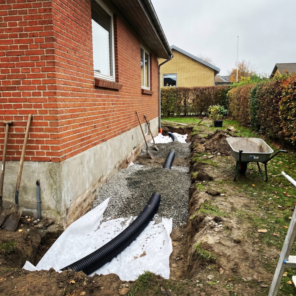 overlap-fundament, foundation_drain, detail, outdoor, fundament,sokkel,dræn,fugt,revner,kælder,omfangsdræn,beton,reparation, Detalje af drænrør med filterdug og singels langs fundament i åben rende., ved en klassisk dansk murstensvilla., dansk bolig, håndværk, renovering, vedligeholdelse, pris, tilbud, foundation_drain, detail, outdoor, fundament,sokkel,dræn,fugt,revner,kælder,omfangsdræn,beton,reparation