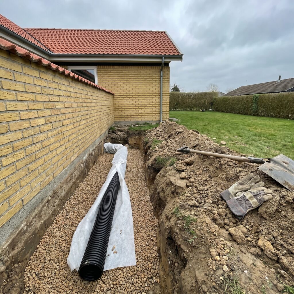 overlap-fundament, foundation_drain, detail, outdoor, fundament,sokkel,dræn,fugt,revner,kælder,omfangsdræn,beton,reparation, Detalje af drænrør med filterdug og singels langs fundament i åben rende., ved et parcelhus med græsplæne og lav hæk., dansk bolig, håndværk, renovering, vedligeholdelse, pris, tilbud, foundation_drain, detail, outdoor, fundament,sokkel,dræn,fugt,revner,kælder,omfangsdræn,beton,reparation