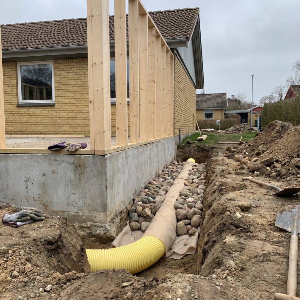 overlap-fundament, foundation_drain, detail, outdoor, fundament,sokkel,dræn,fugt,revner,kælder,omfangsdræn,beton,reparation, Detalje af drænrør med filterdug og singels langs fundament i åben rende., ved en tilbygning under opstart., dansk bolig, håndværk, renovering, vedligeholdelse, pris, tilbud, foundation_drain, detail, outdoor, fundament,sokkel,dræn,fugt,revner,kælder,omfangsdræn,beton,reparation