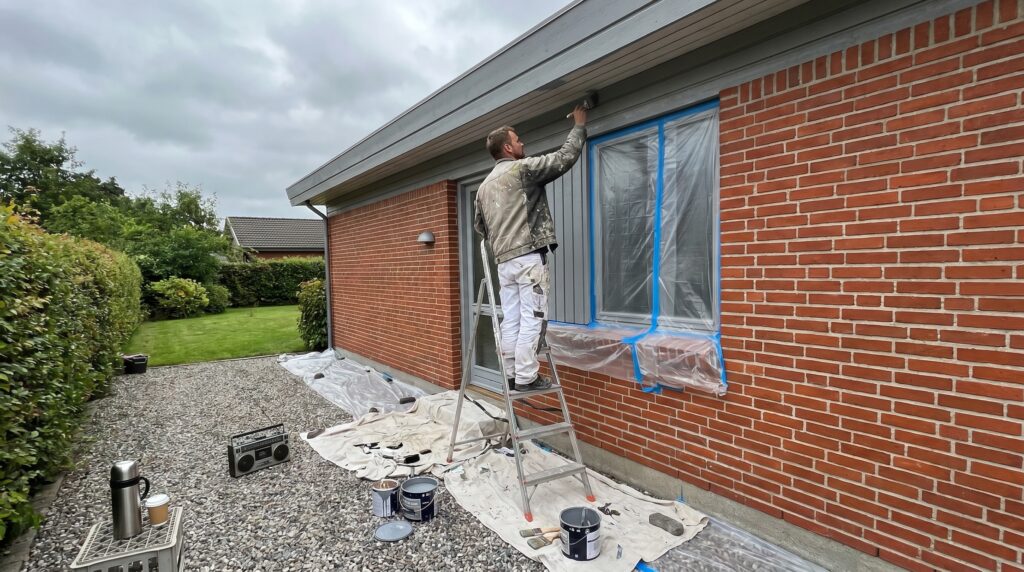 overlap-maling-trae, paint_wood, work, mixed, maling,træ,facade,træværk,overfladebehandling,lak,olie,terrasse,beklædning, Maler arbejder på facade eller træværk med afdækning og stige., på et dansk parcelhus., dansk bolig, håndværk, renovering, vedligeholdelse, pris, tilbud, paint_wood, work, mixed, maling,træ,facade,træværk,overfladebehandling,lak,olie,terrasse,beklædning