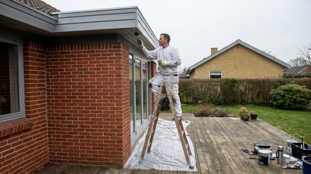 overlap-maling-trae, paint_wood, work, mixed, maling,træ,facade,træværk,overfladebehandling,lak,olie,terrasse,beklædning, Maler arbejder på facade eller træværk med afdækning og stige., ved en terrasse eller havefacade., dansk bolig, håndværk, renovering, vedligeholdelse, pris, tilbud, paint_wood, work, mixed, maling,træ,facade,træværk,overfladebehandling,lak,olie,terrasse,beklædning