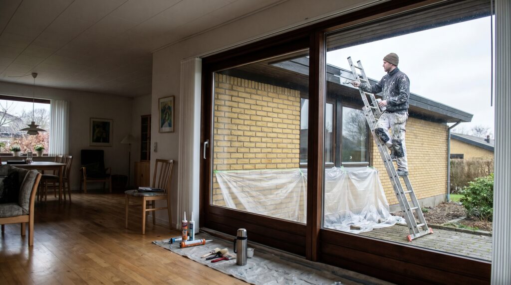 overlap-maling-trae, paint_wood, work, mixed, maling,træ,facade,træværk,overfladebehandling,lak,olie,terrasse,beklædning, Maler arbejder på facade eller træværk med afdækning og stige., i en lys stue eller entré., dansk bolig, håndværk, renovering, vedligeholdelse, pris, tilbud, paint_wood, work, mixed, maling,træ,facade,træværk,overfladebehandling,lak,olie,terrasse,beklædning
